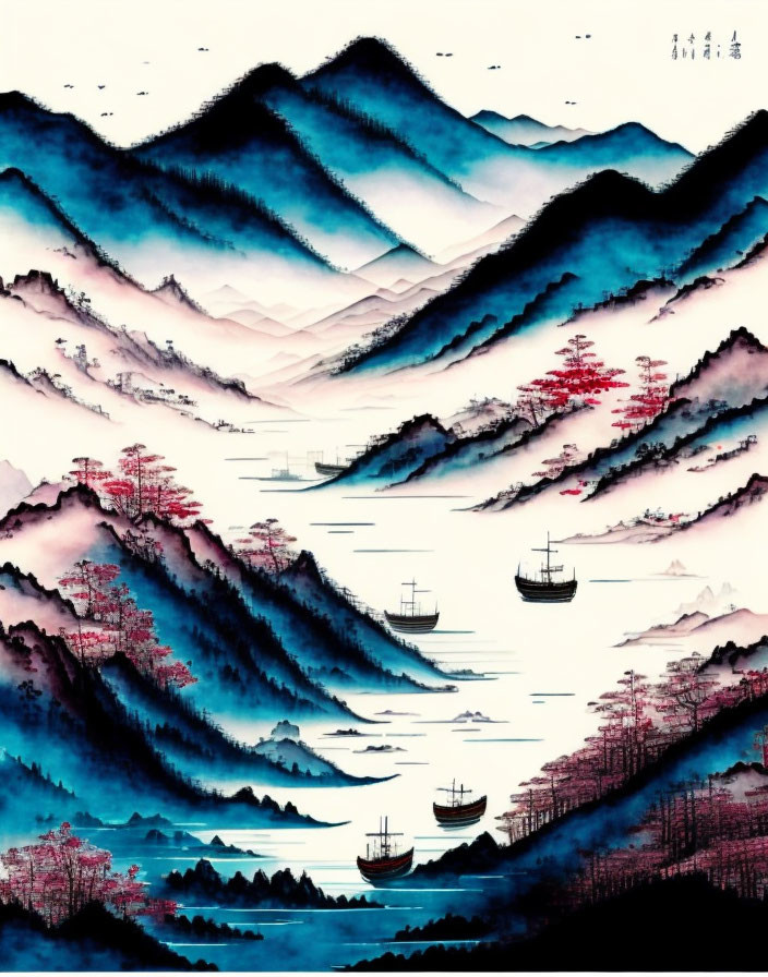 Traditional Asian-style painting: Layered mountains, blue and black trees, pink foliage, boats on serene