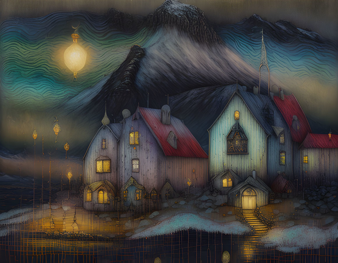 Enchanting village with lanterns, mountains, and auroras