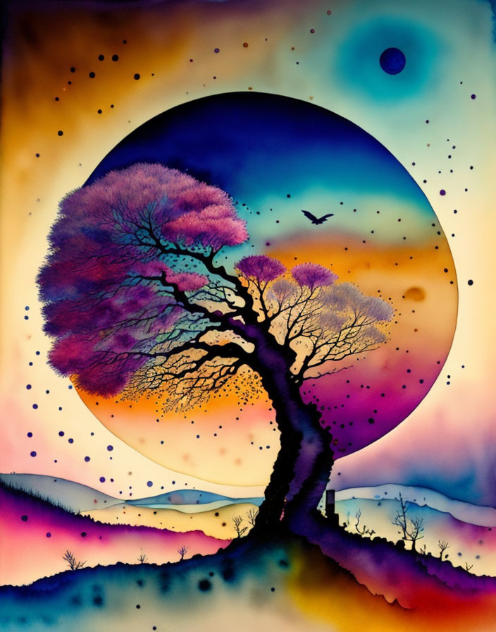 Vibrant silhouetted tree art with moon and bird in flight