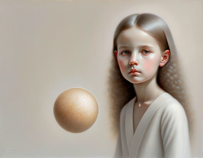 Young girl portrait with somber expression and floating speckled egg.