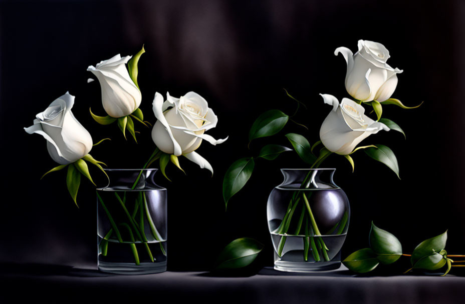 White roses and green leaves in transparent vases on dark background