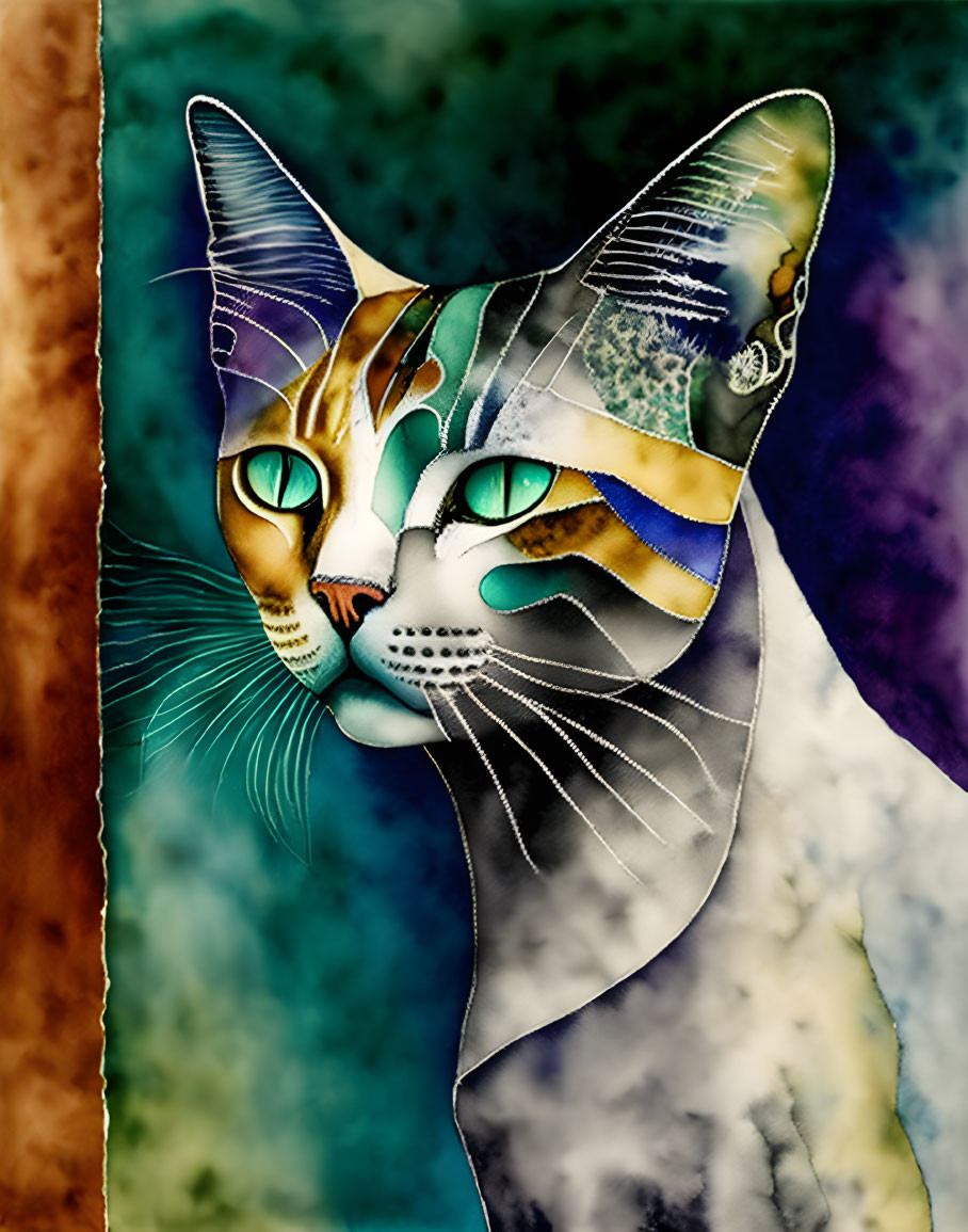 Colorful cat digital art with patterned face and green eyes on abstract background