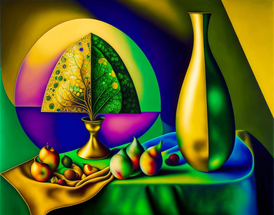 Colorful still life painting: golden vase, fruit, draped cloth, stained glass window.