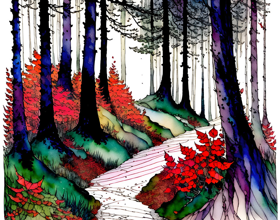 Colorful Watercolor Painting of Whimsical Forest with Red Foliage