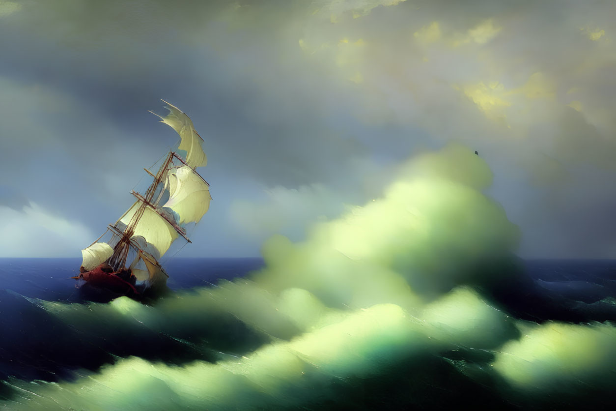 Stormy seas painting with sailing ship and vibrant contrasts