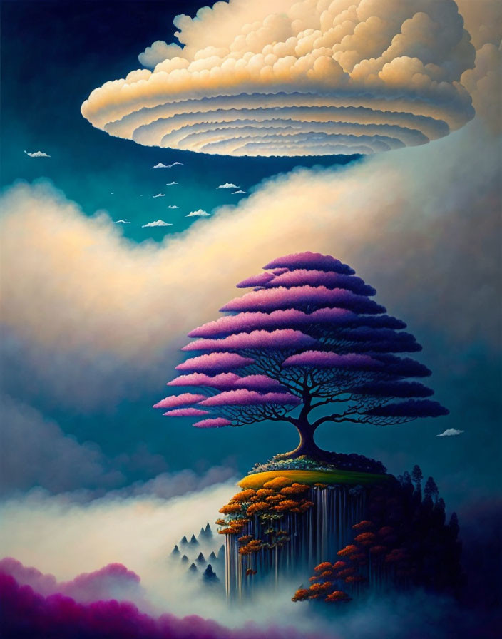 Surreal painting: Massive tree with purple foliage on floating island above clouds