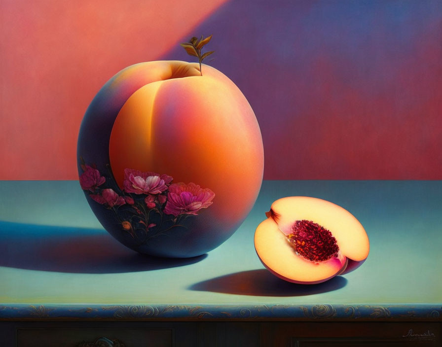 Surreal painting of large peach with blooming branch and flowers, sliced with exposed pit