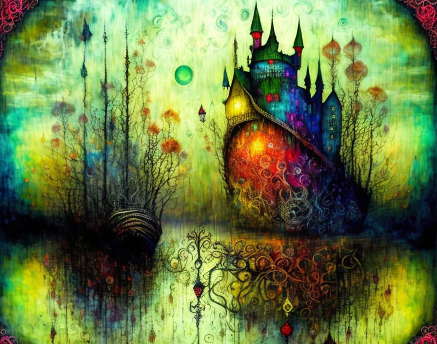 Enchanted castle illustration with swirling patterns on dreamy backdrop