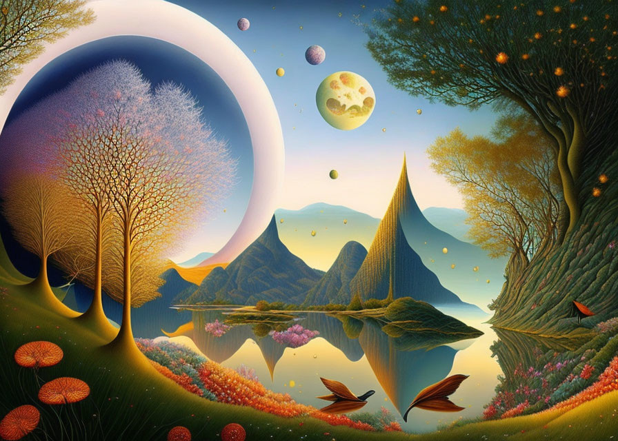 Colorful Trees, Serene Lake, Pointy Mountains, Large Moon, Planets in Sunset Landscape