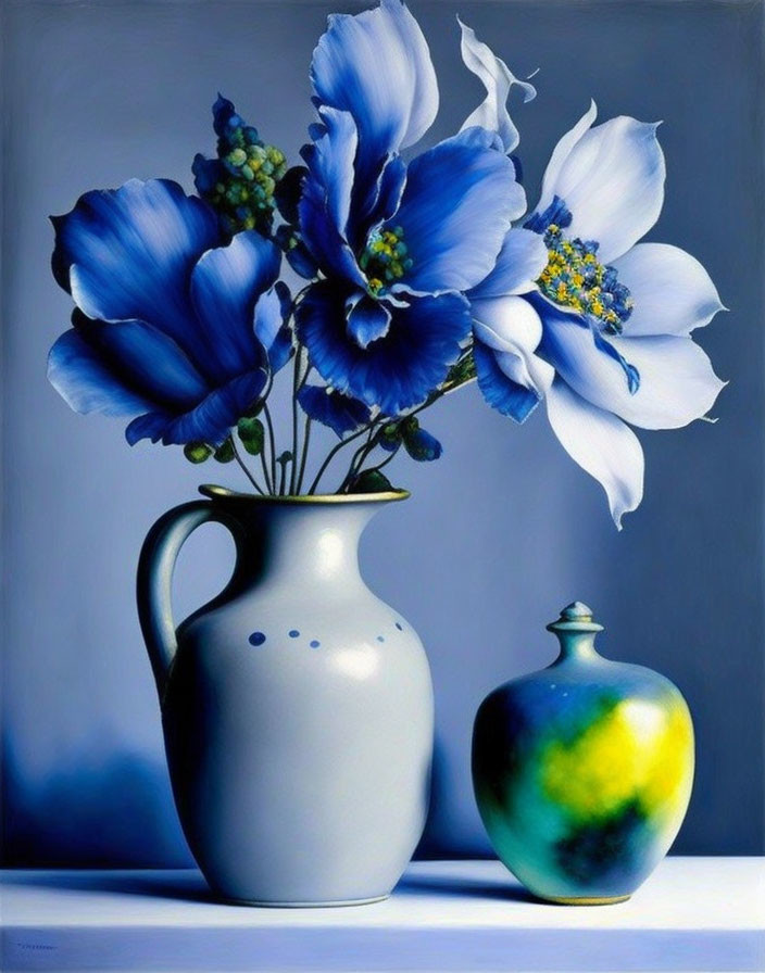 Detailed painting of blue flowers in white vase with blue and green vase on light surface against dark background