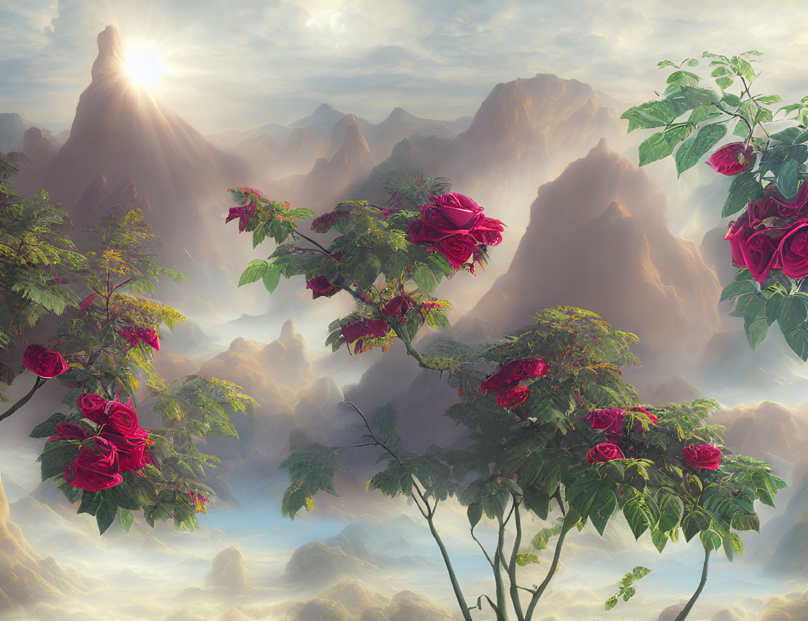 Red Roses on Lush Branches Against Mountain Landscape