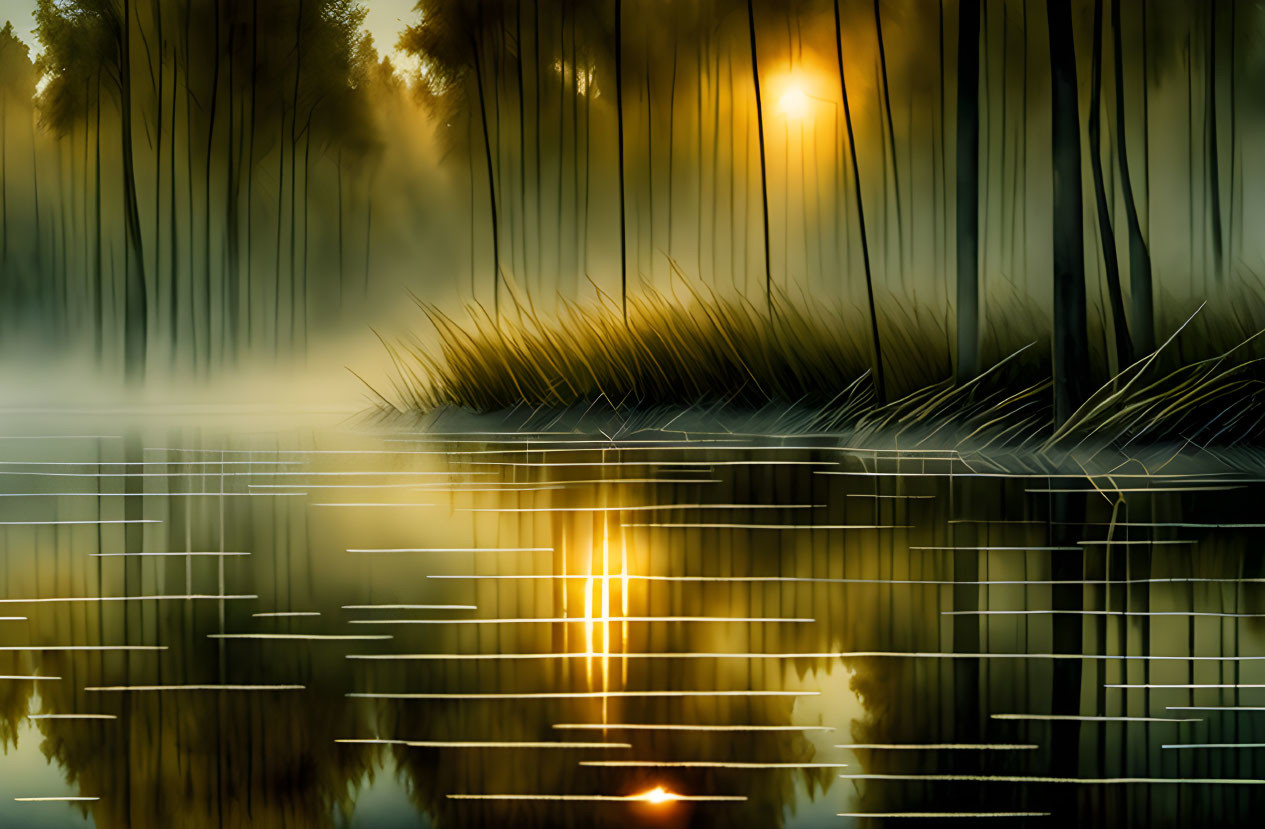 Tranquil lake at sunrise with misty woods and sun rays.