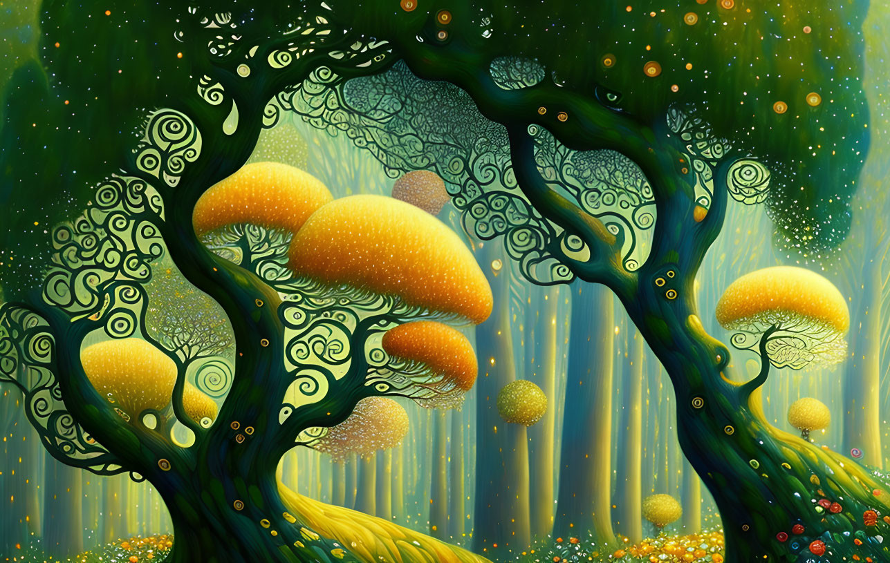 Whimsical forest with stylized trees and glowing yellow mushrooms