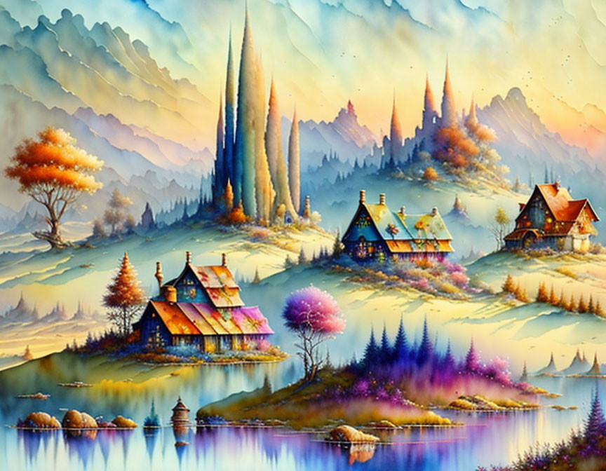 Colorful Watercolor Painting of Idyllic Village and Fantastical Flora