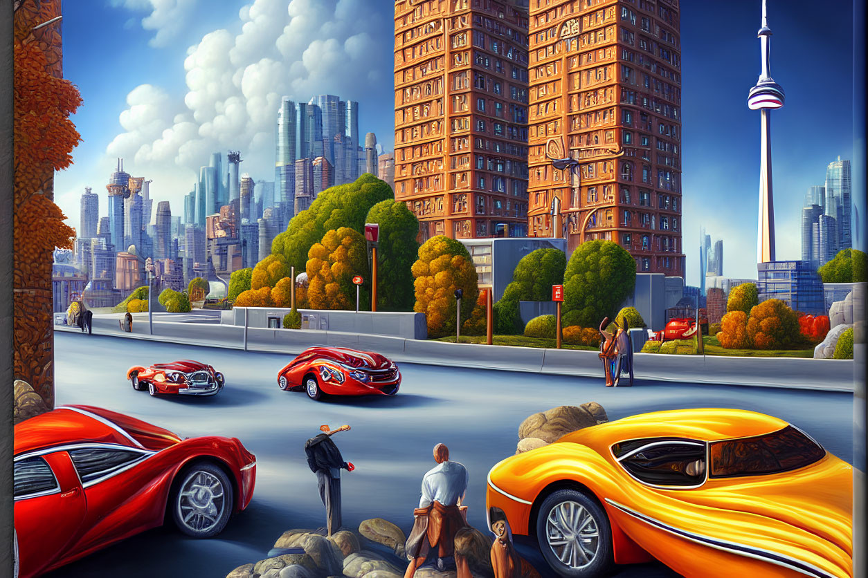 Detailed Futuristic Cityscape with Cars and Pedestrians in Clear Blue Sky