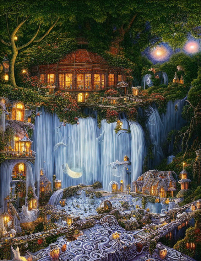 Fantasy scene: illuminated cottages on waterfalls, lush greenery, ethereal figures, glowing