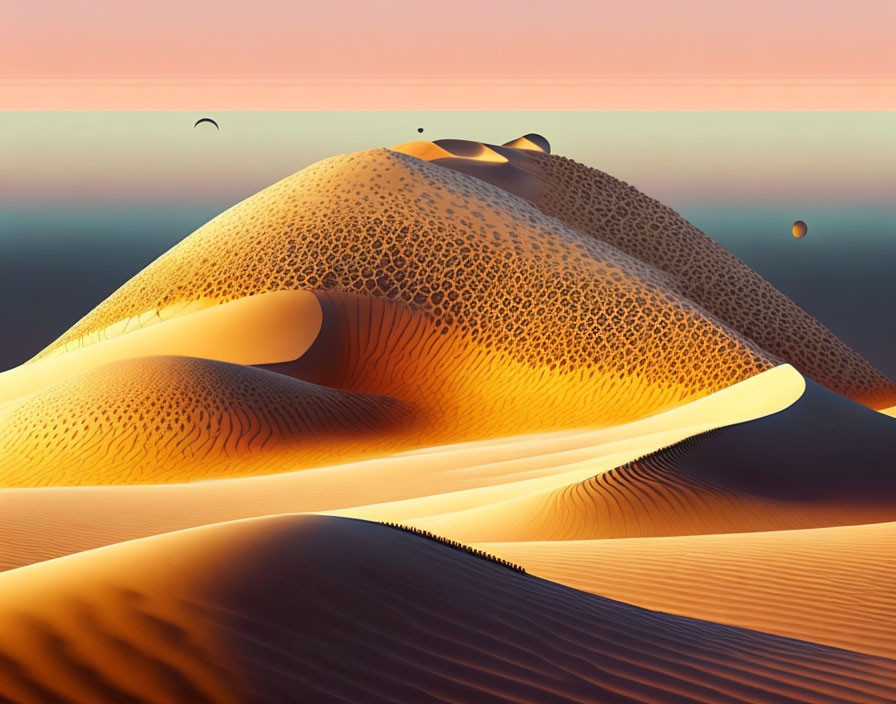 Scenic golden sand dunes under gradient sunset sky with paraglider and balloons