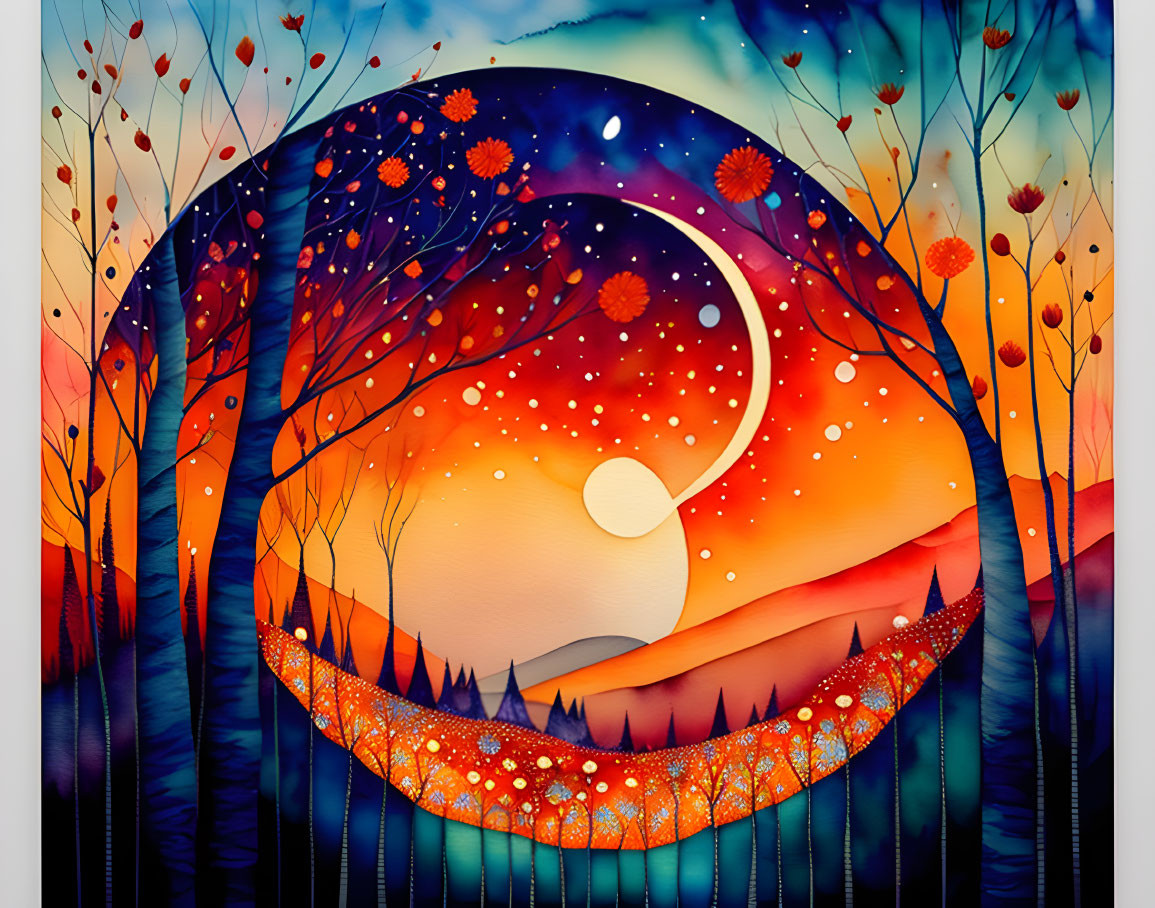 Stylized landscape with orange hues and crescent moon in starry sky