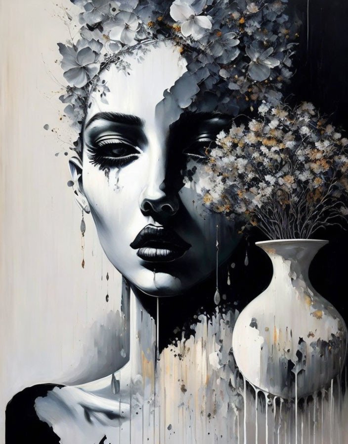 Monochrome painting of woman's face with floral elements and abstract background.