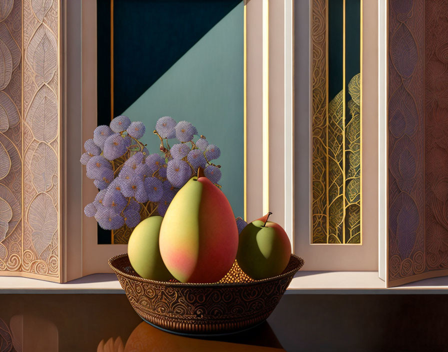 Still Life Composition with Fruit, Flowers, and Geometric Shadows