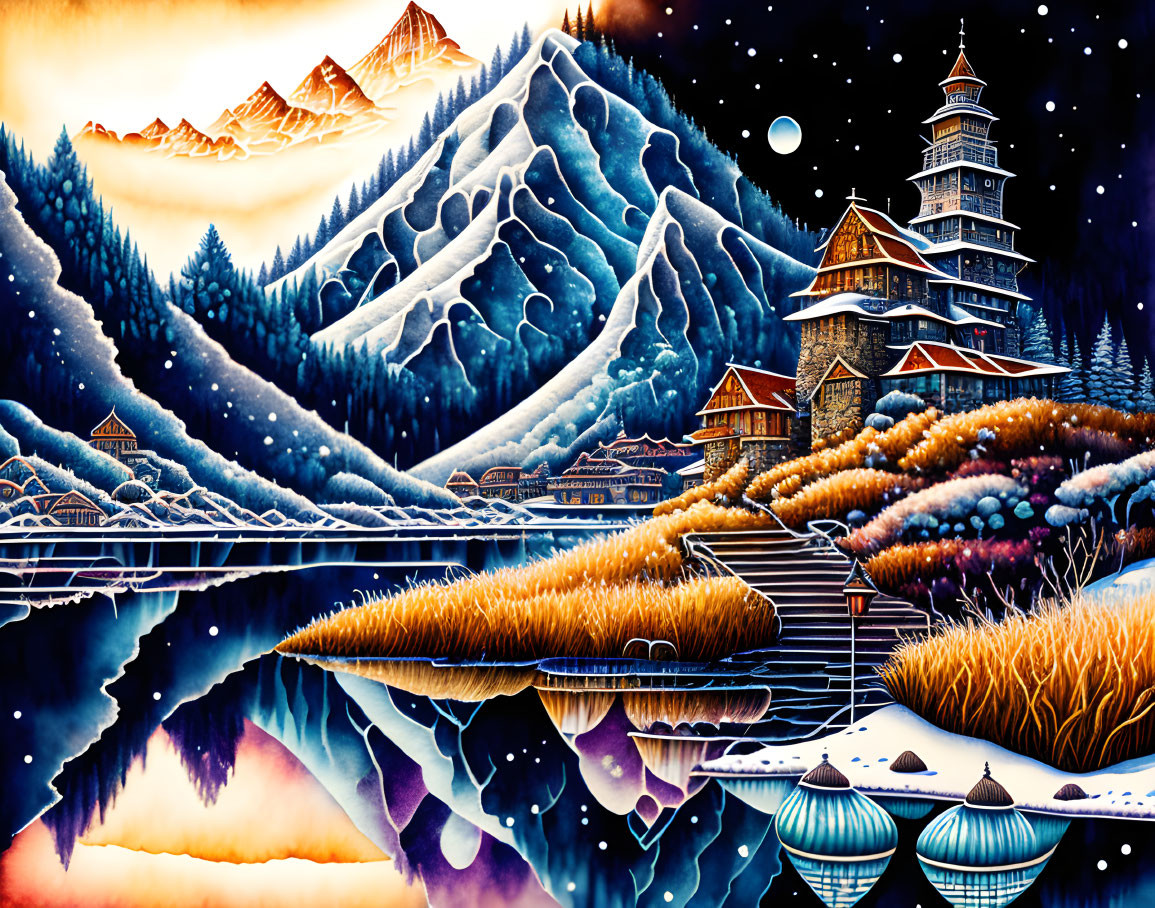 Snow-covered mountains, ornate buildings, serene lake, moonlit sky: vibrant winter landscape