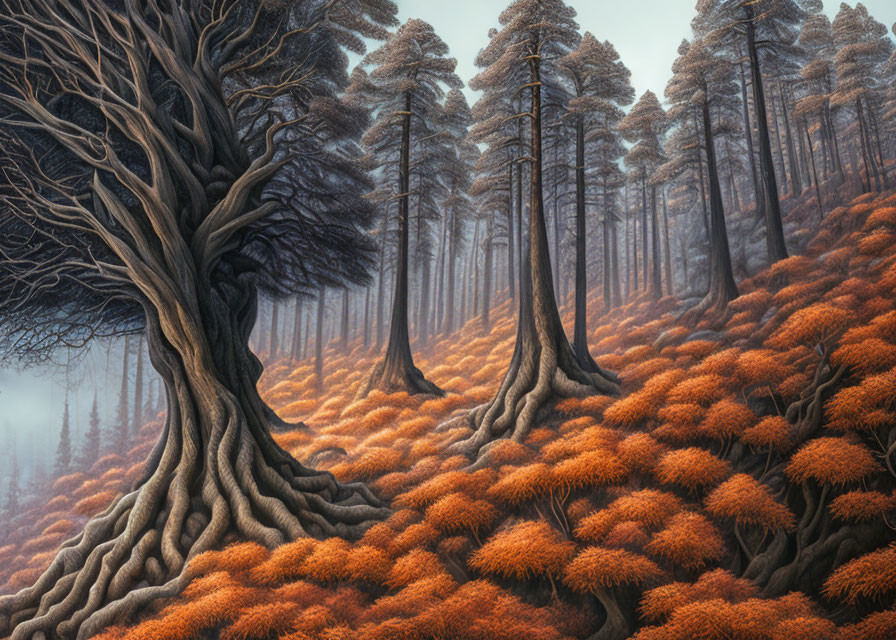 Mystical forest with gnarled tree and orange-leafed trees in mist