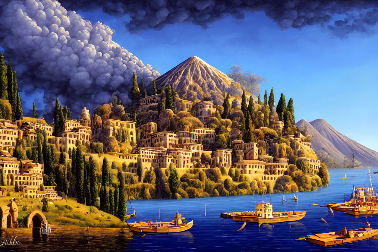 Coastal Town with Terracotta-Roofed Buildings and Smoking Volcano