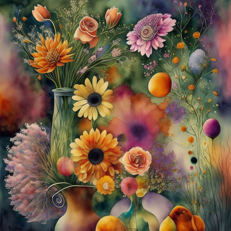 Colorful watercolor painting of assorted flowers with abstract splotches.