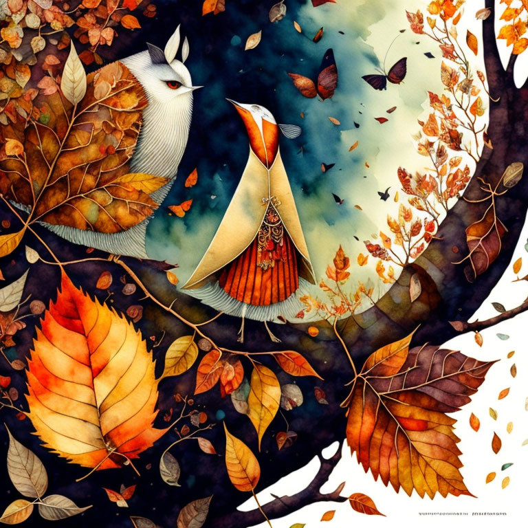 Fantasy illustration of elegant fox figure in cloak amidst autumn leaves