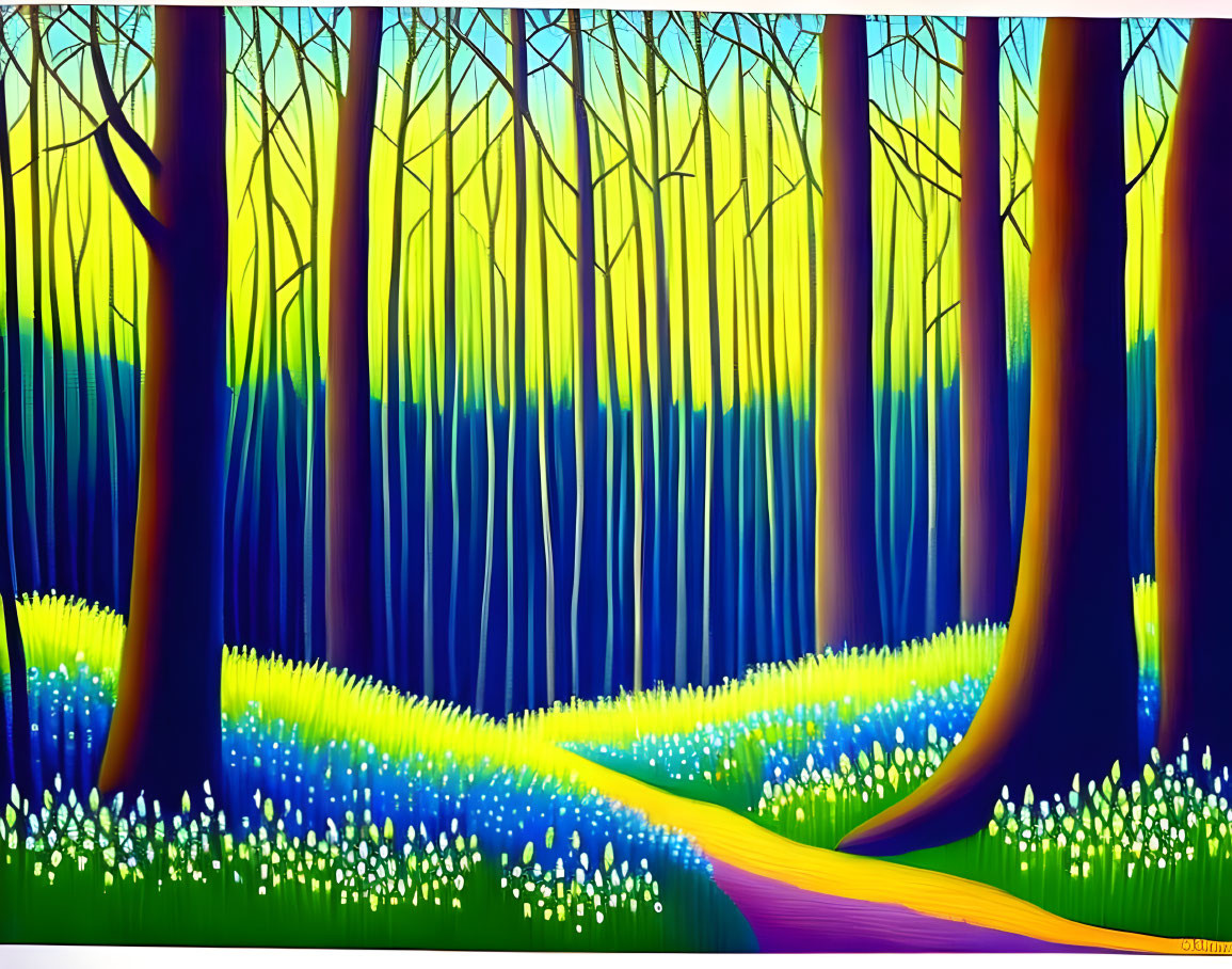 Colorful forest painting with winding path and vibrant flowers under gradient sky