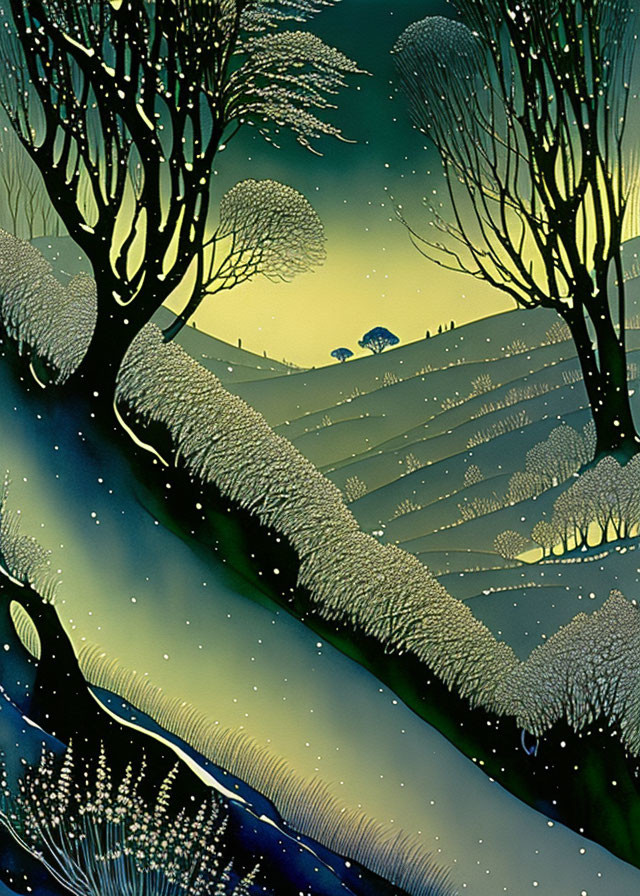 Stylized landscape: Dusk scene with rolling hills, silhouetted trees, and night