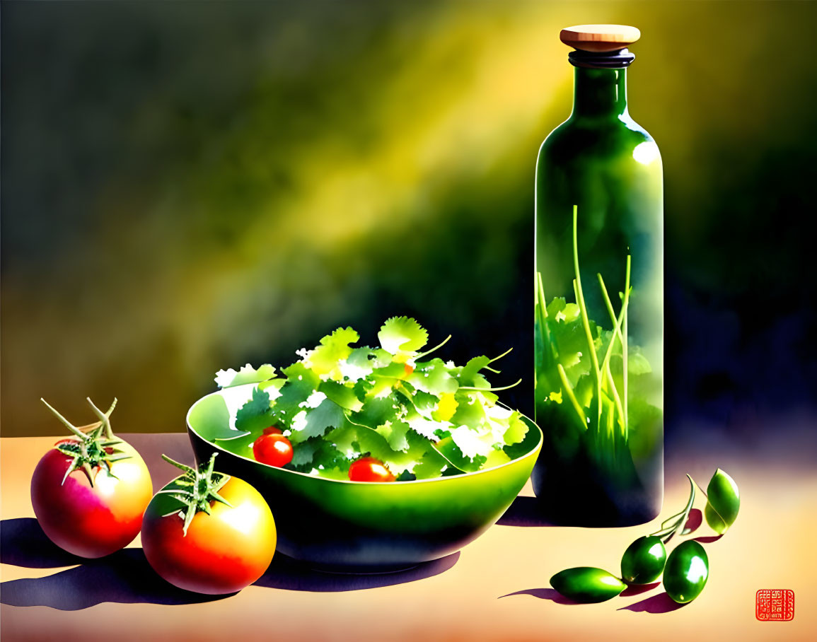 Ripe tomatoes, leafy greens, green bottle, and olives in still life.