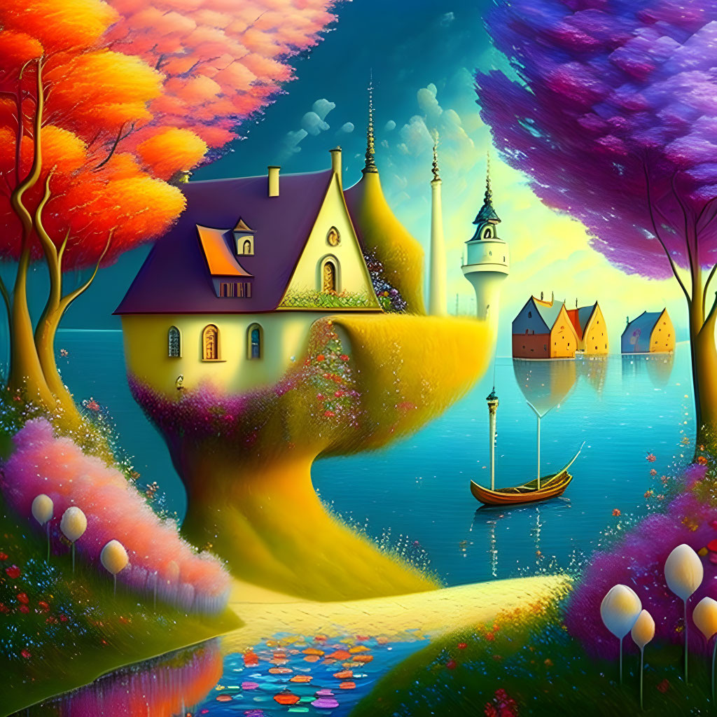 Colorful whimsical landscape with fantasy house, boat, and vibrant trees