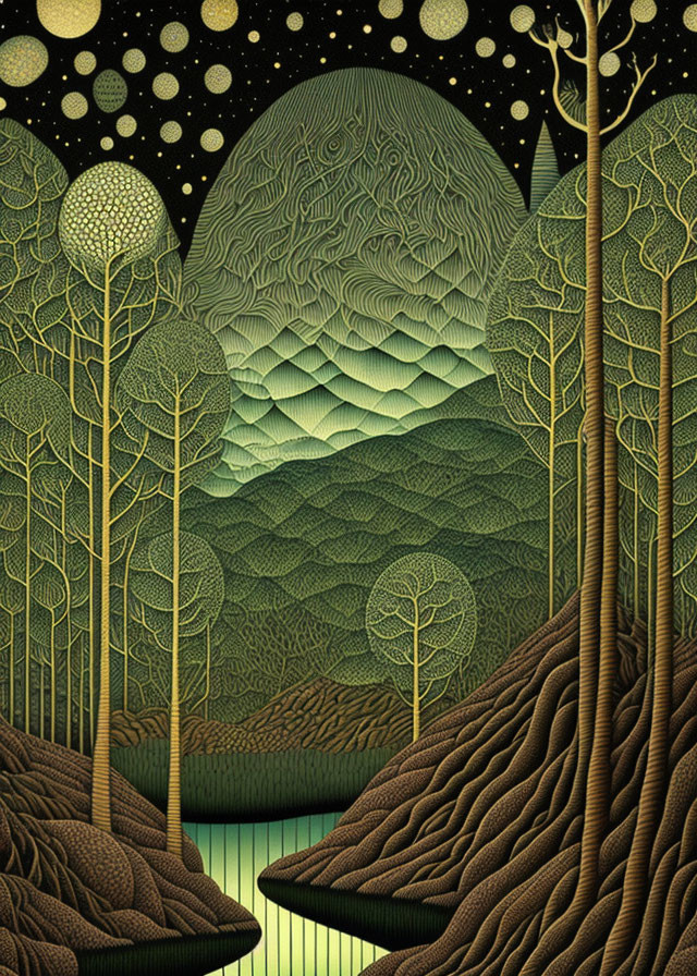 Stylized artwork of rolling hills and trees under a starry sky