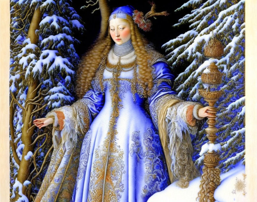 Elaborate blue and gold gown woman painting in snowy forest