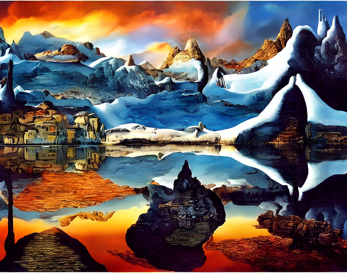 Surrealist landscape: melting mountains, fiery sky, water reflection