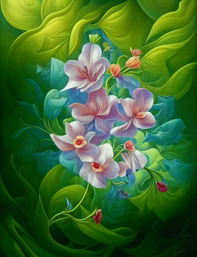 Colorful orchids painting with dreamlike floral composition