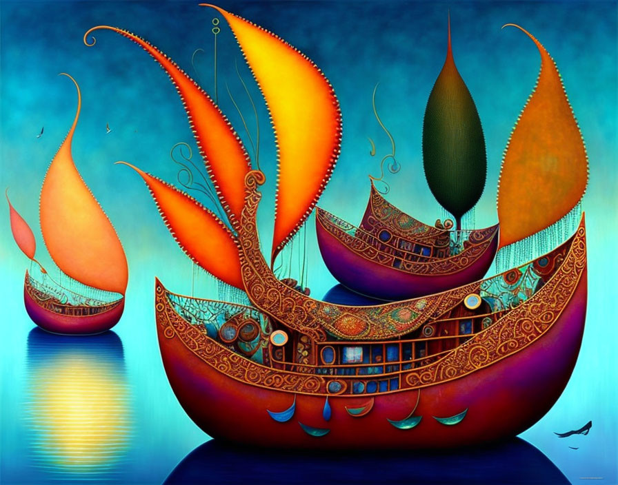 Colorful Boat Painting with Curved Sails on Blue Water