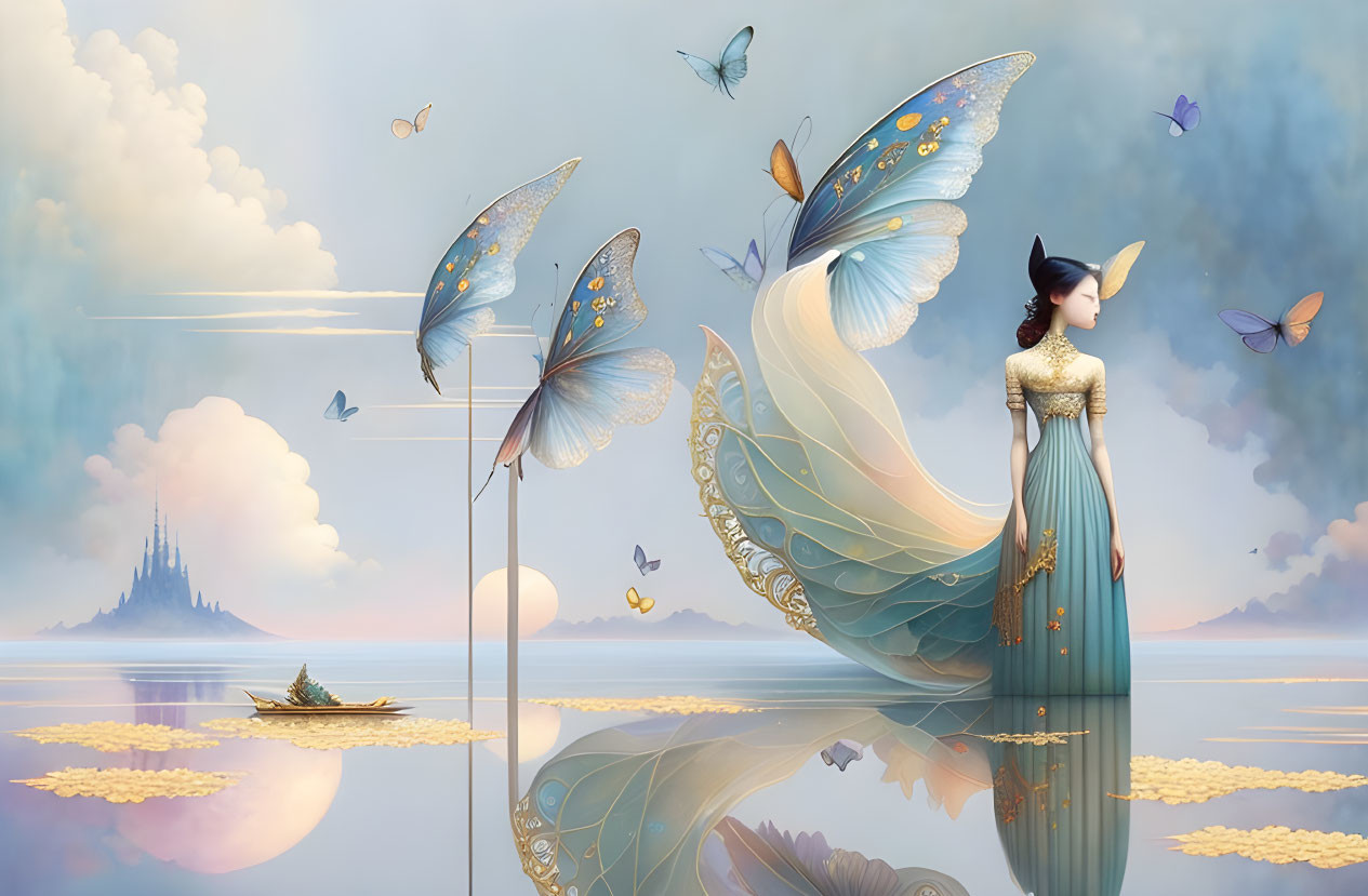 Surreal scene: woman, oversized butterflies, golden water, misty castle.