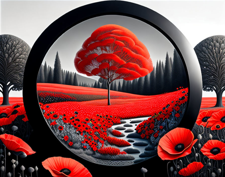 Vibrant red poppy field with central tree and river in surreal painting