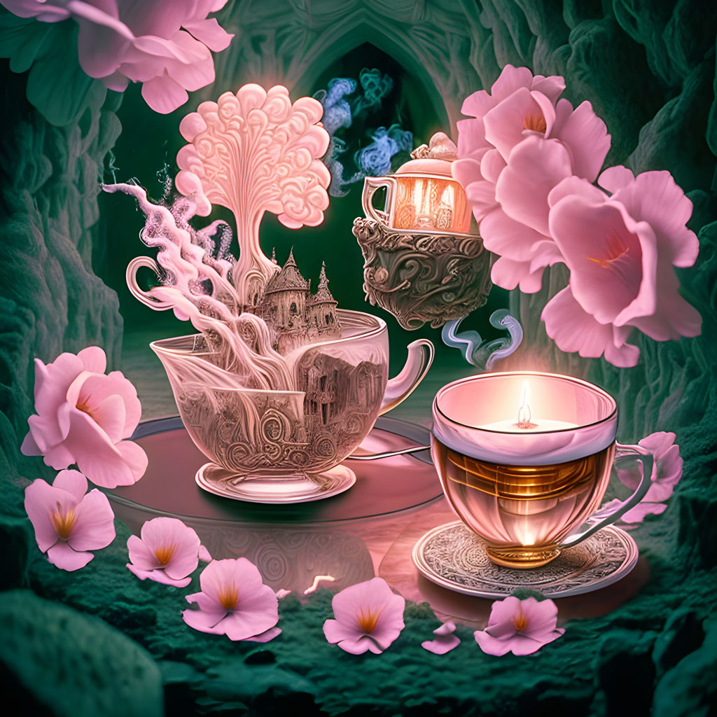 Fantasy tea setting with steaming cups, castle, pink flowers & green backdrop.