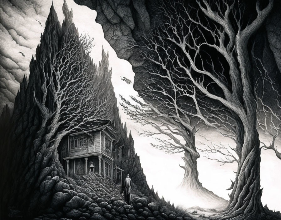 Monochrome illustration of figure by old house and trees