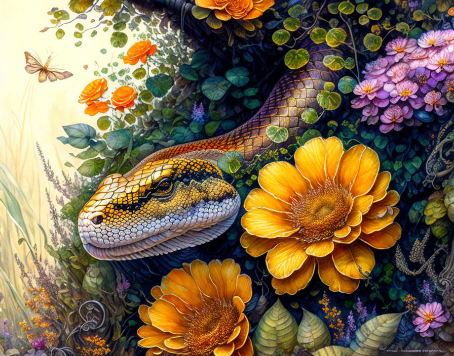 Detailed snake in vibrant floral setting with butterflies