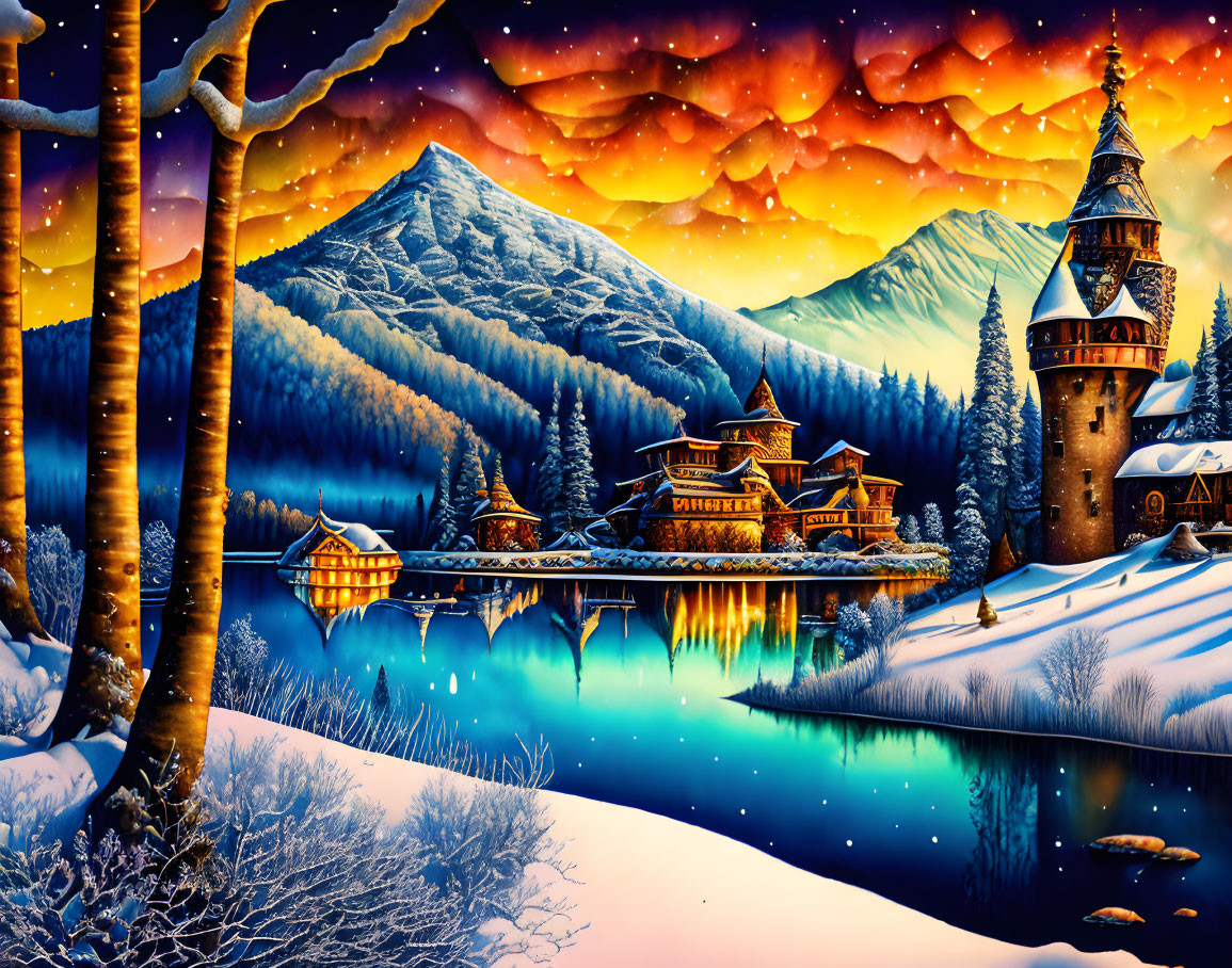 Winter Dusk Scene: Castle, Chalets, Lake, Snowy Mountains, Orange Sky