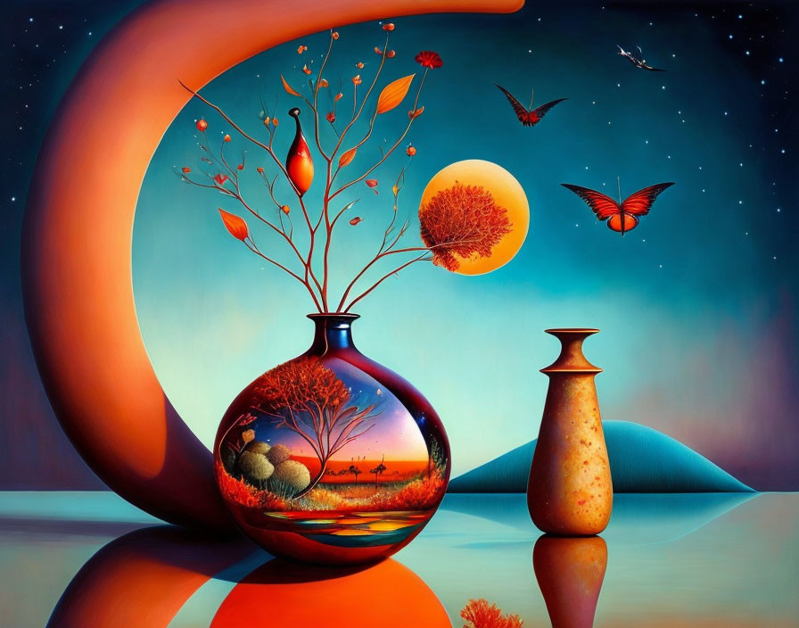 Surreal painting of vibrant vase and nature landscape