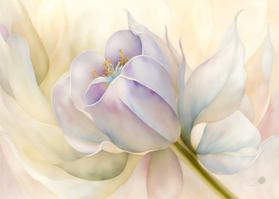Delicate White and Purple Flower with Visible Stamens on Warm Pastel Background