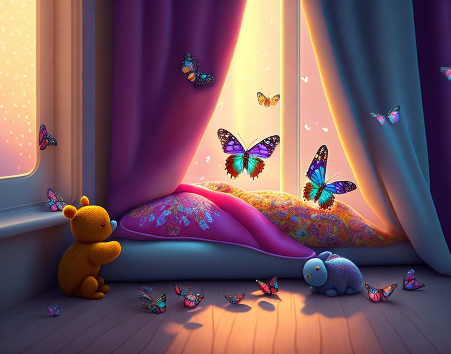 Cozy room with plush bear, toy rhino, and fluttering butterflies at sunset