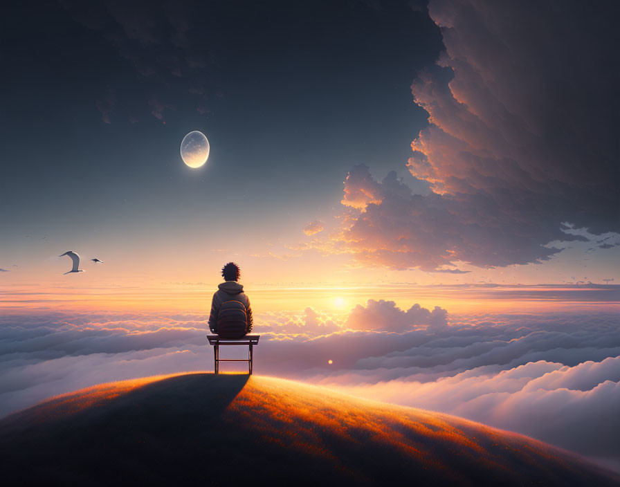 Person sitting on bench admiring crescent moon and golden sunrise on cloud-covered hill