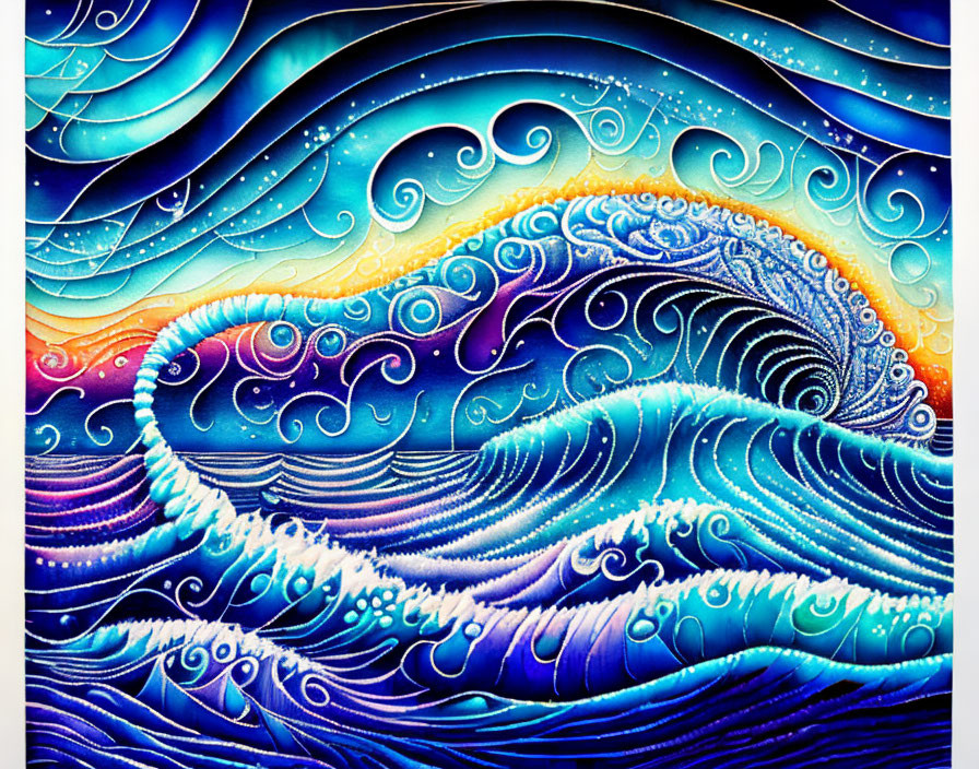 Ocean waves painting in shades of blue with intricate patterns and spirals