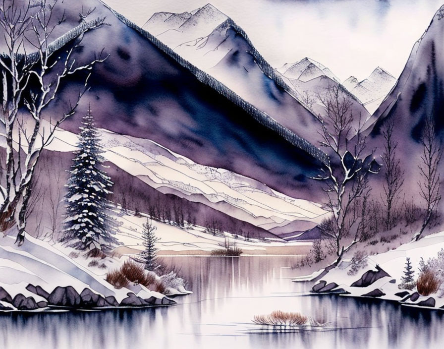 Tranquil watercolor landscape of serene lake, snow-covered mountains, bare trees, and conifer